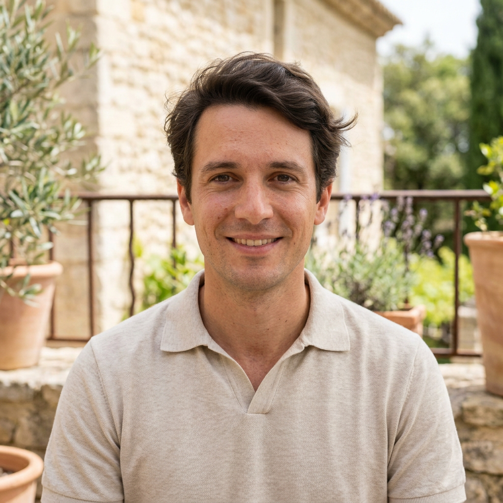 Portrait fictif de Julien avec un polo beige clair