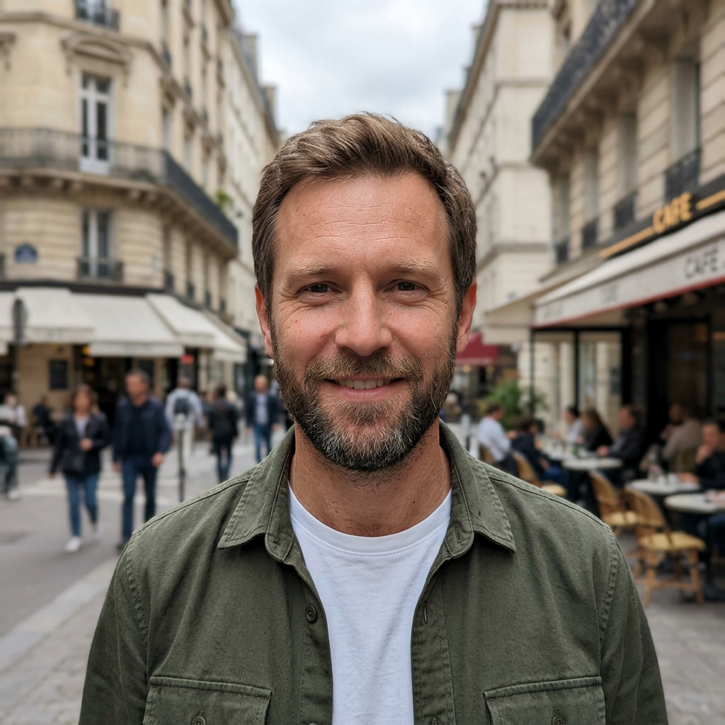 Portrait fictif de Thomas en extérieur à Paris