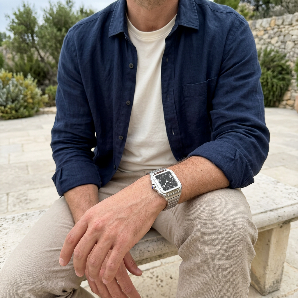 Scène en extérieur sans visage, centrée sur la montre MS Watches au poignet